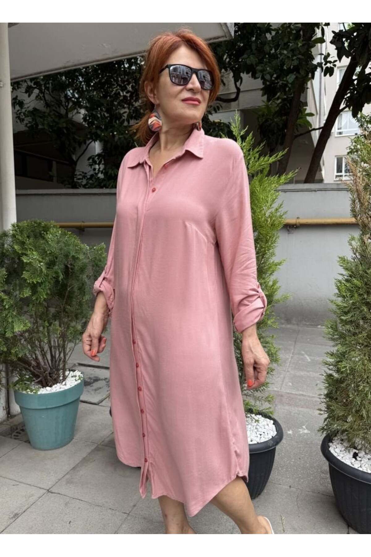 Viskon Gömlek Elbise Pudra