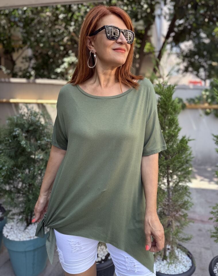 Bağlamalı Viskon Tişört Haki