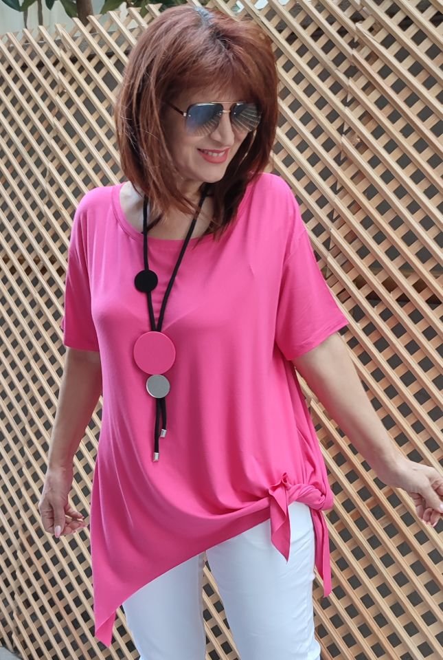 Bağlamalı Viskon Tişört Pembe