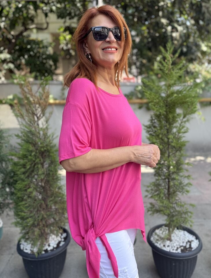 Bağlamalı Viskon Tişört Pembe