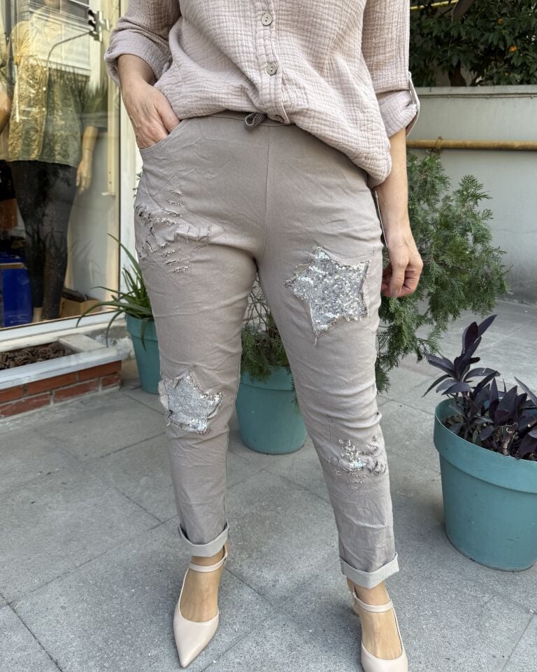 İtalyan Yıldızlı Pantolon Vizon