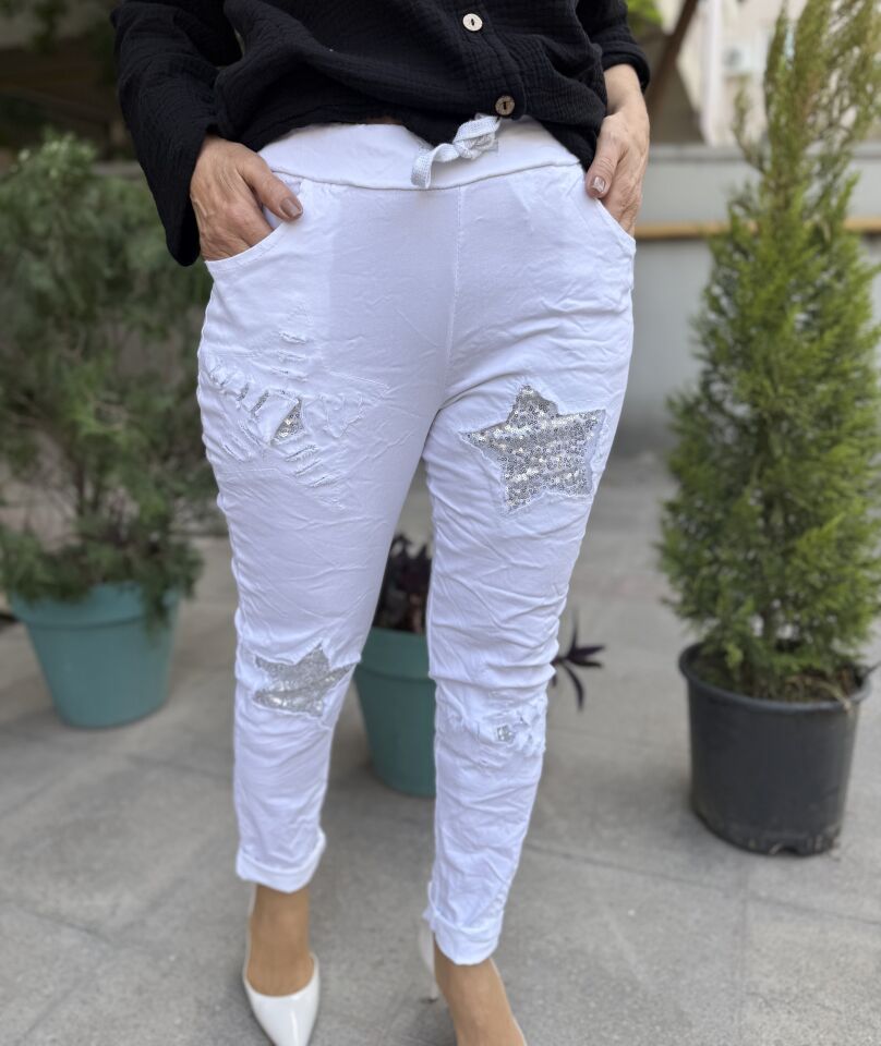 İtalyan Yıldızlı Pantolon Beyaz