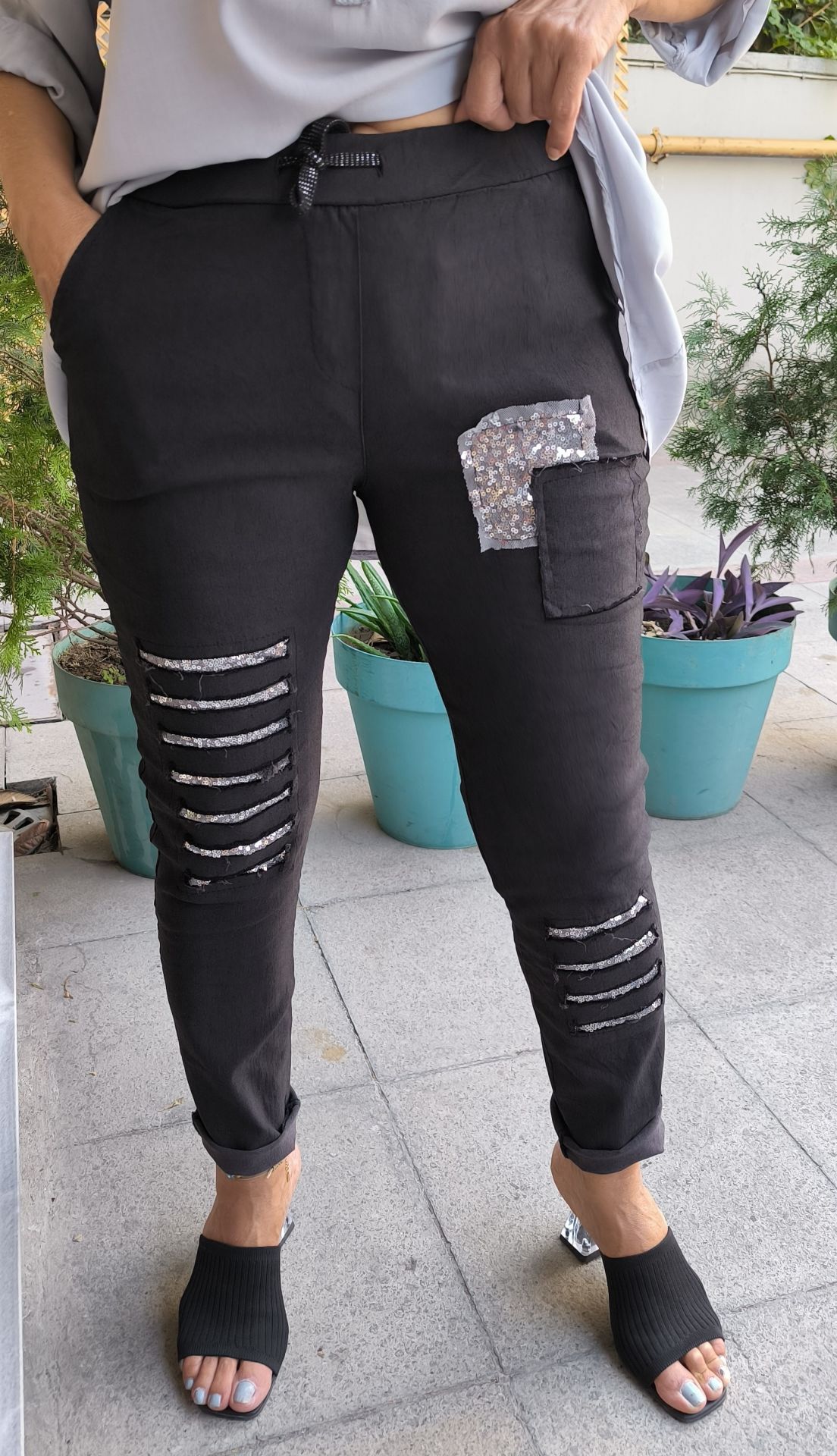 İtalyan Yırtıklı Pantolon Siyah