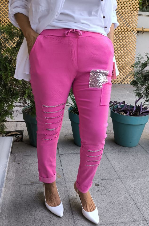 İtalyan Yırtıklı Pantolon Fuşya