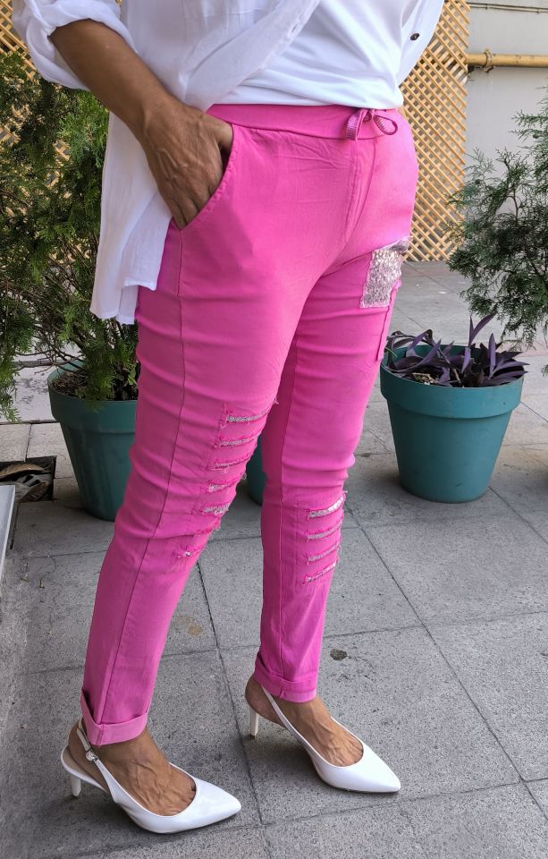 İtalyan Yırtıklı Pantolon Fuşya