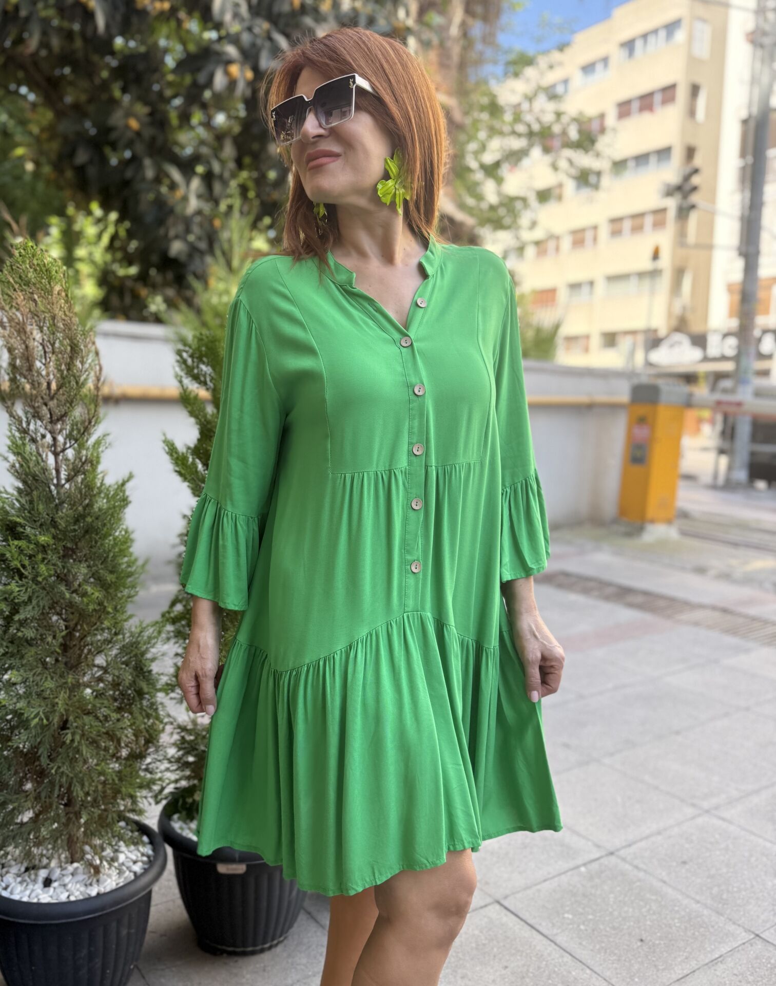 L-Fırfırlı Viskon Elbise Benetton Yeşil
