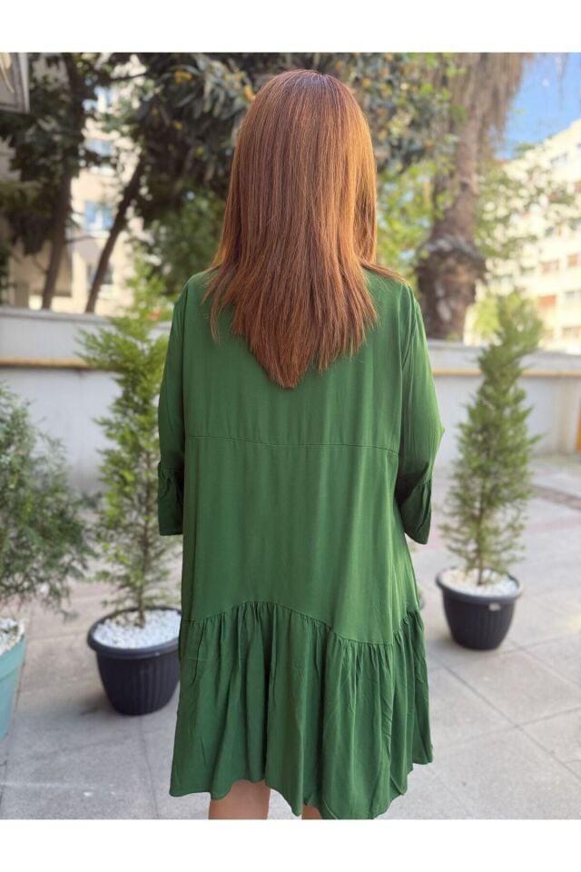 Fırfırlı Viskon Elbise Yeşil