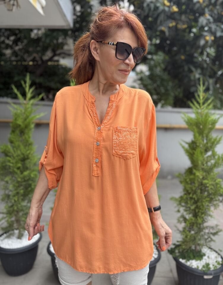 İtalyan Tek Cep Pullu Gömlek Turuncu