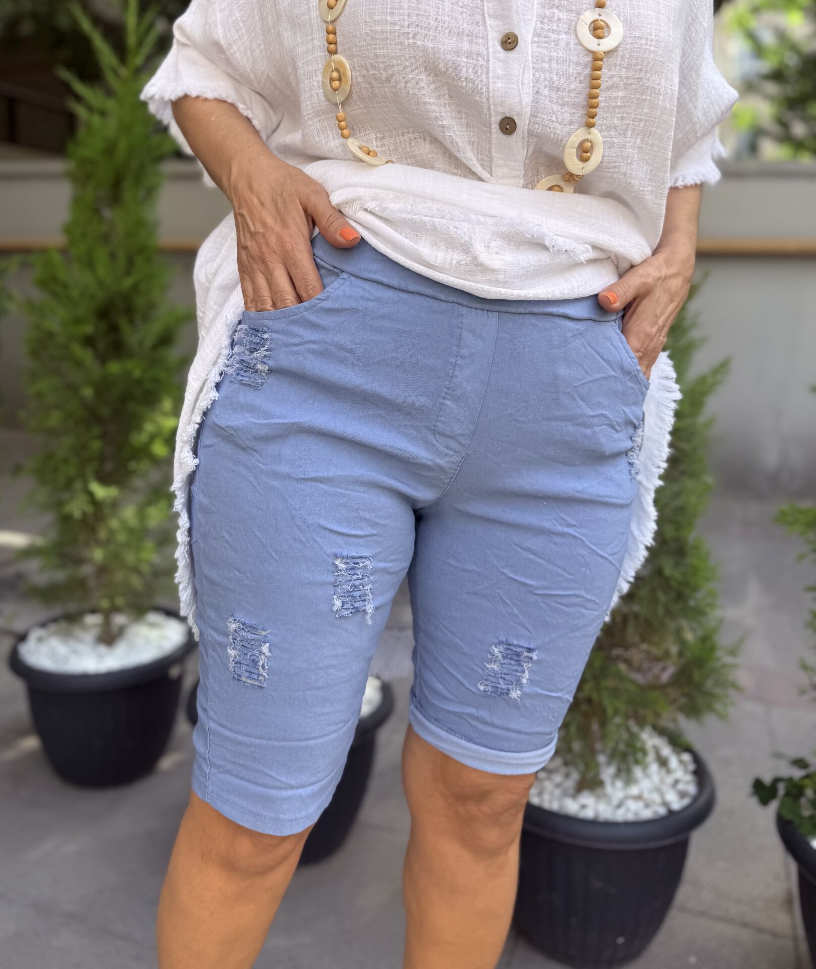 İtalyan Yırtıklı Şort Kot Mavisi