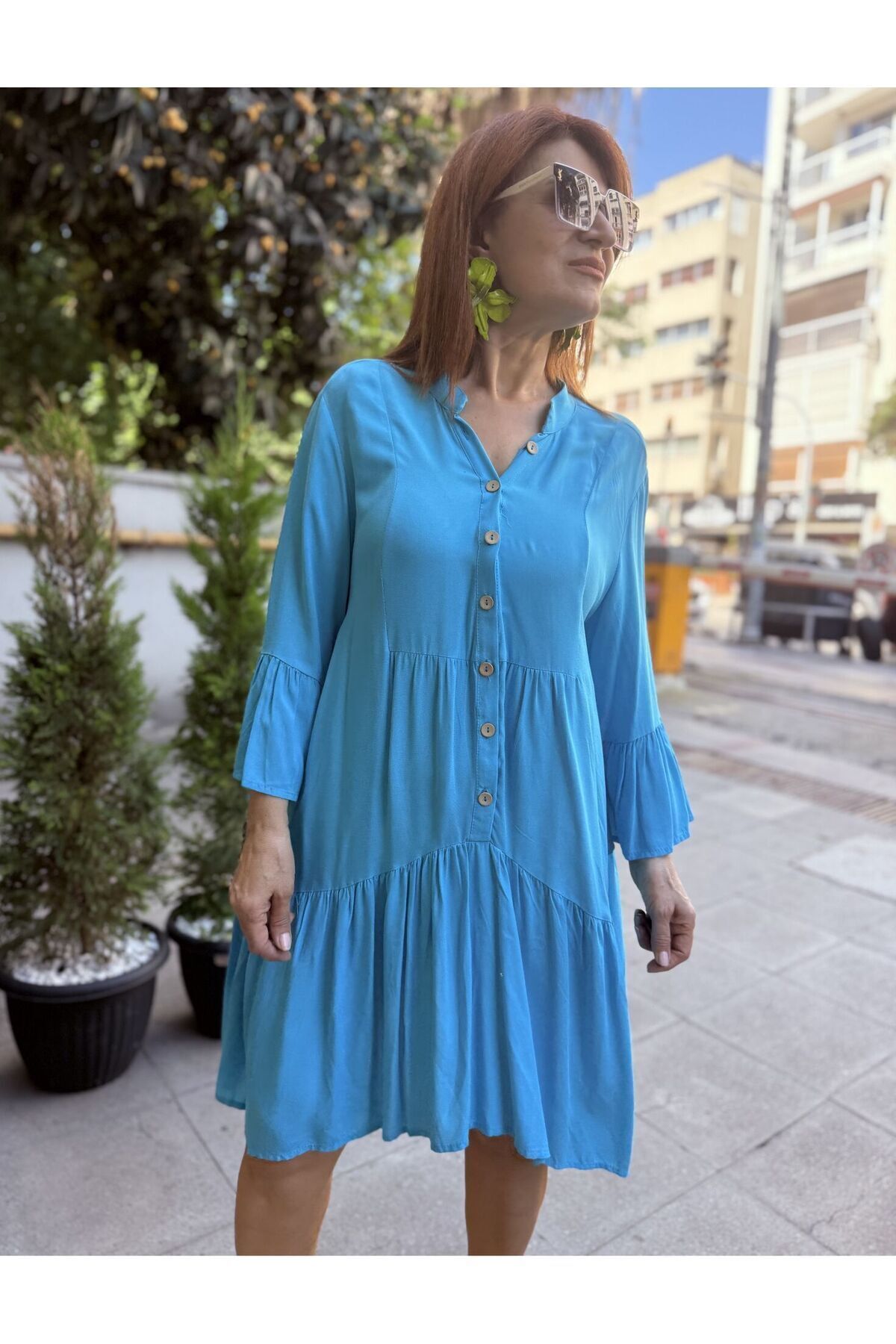 Fırfırlı Viskon Elbise Mavi