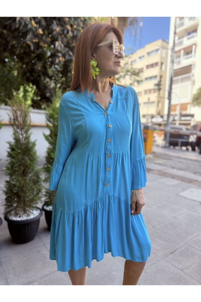 Fırfırlı Viskon Elbise Mavi