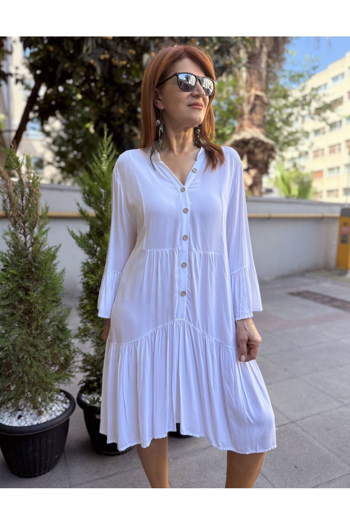 Fırfırlı Viskon Elbise Beyaz