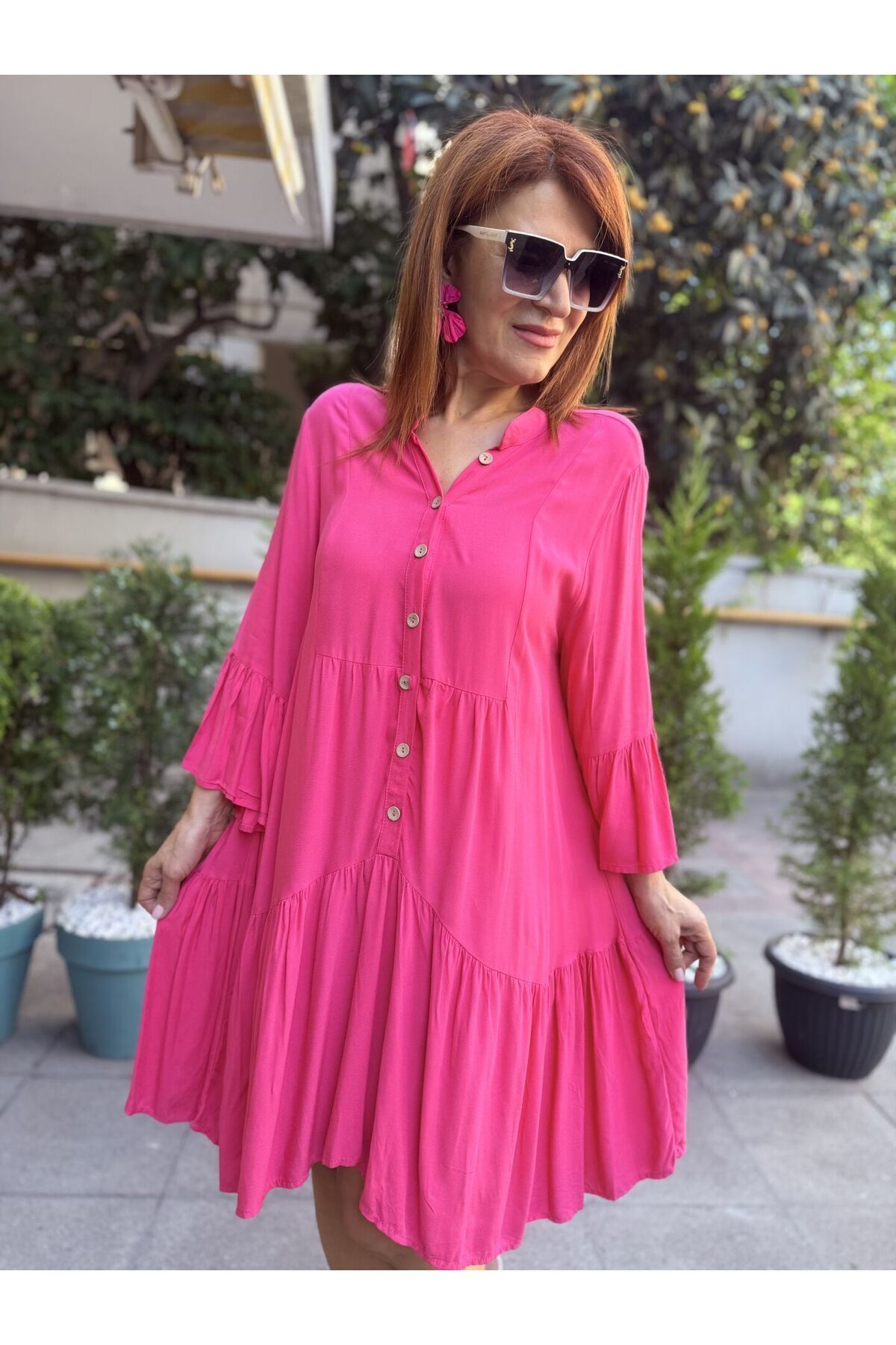 Fırfırlı Viskon Elbise Pembe