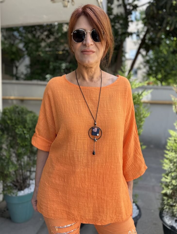 İtalyan Pamuk Keten Bluz Turuncu