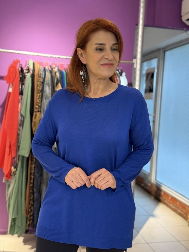 Yuvarlak Yaka İnce Viskon Triko Saks Mavi