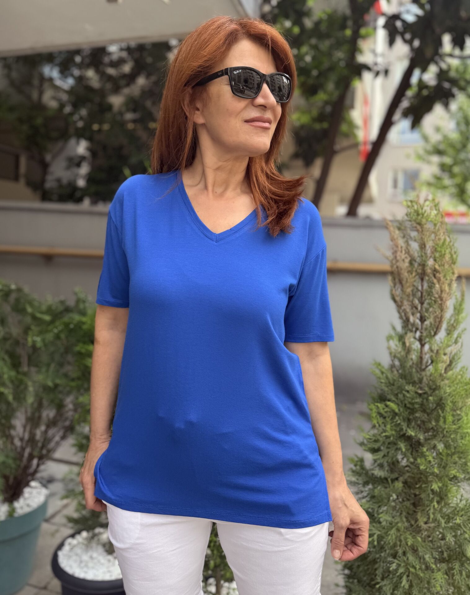 Viskon V Yaka Tişört Saks Mavi