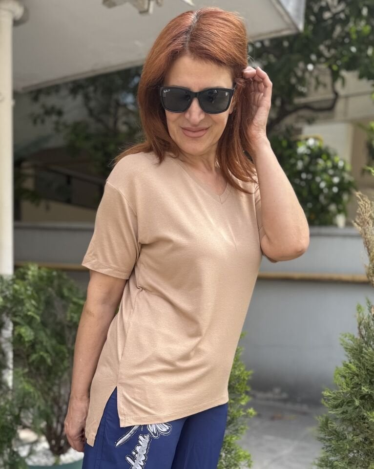 35D- Viskon V Yaka Tişört Bej