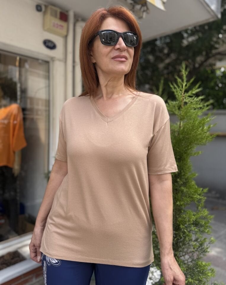 35D- Viskon V Yaka Tişört Bej