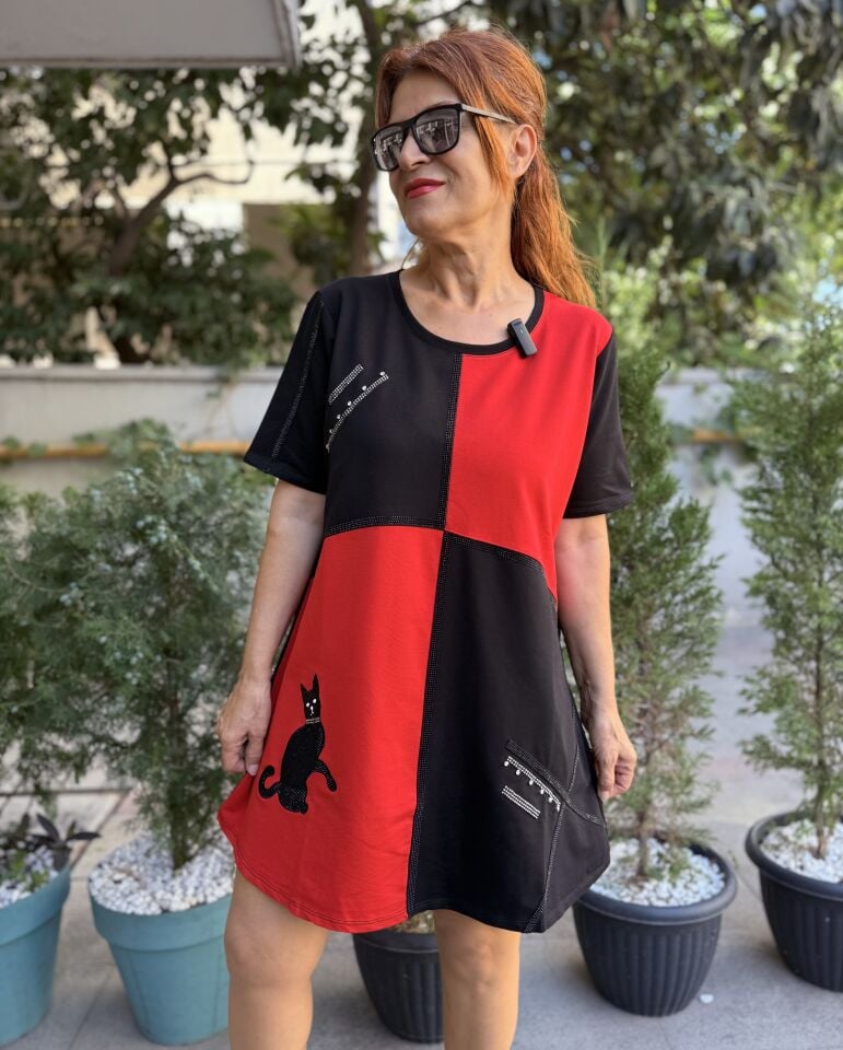 Taş Detay Tunik Black Cat Kırmızı
