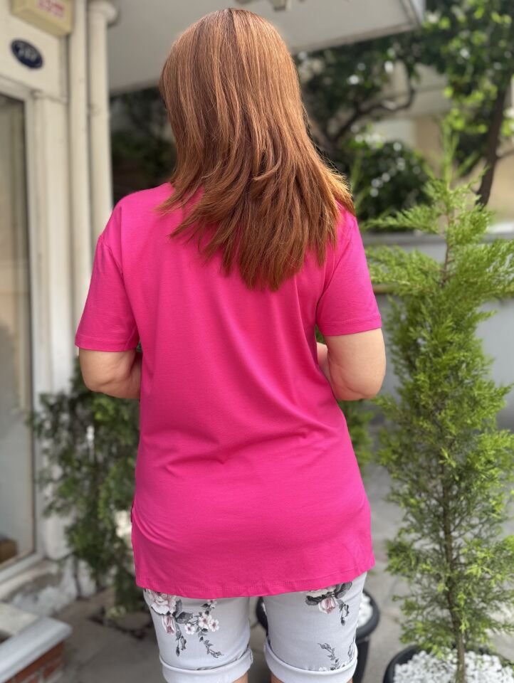 35D- Viskon V Yaka Tişört Fuşya