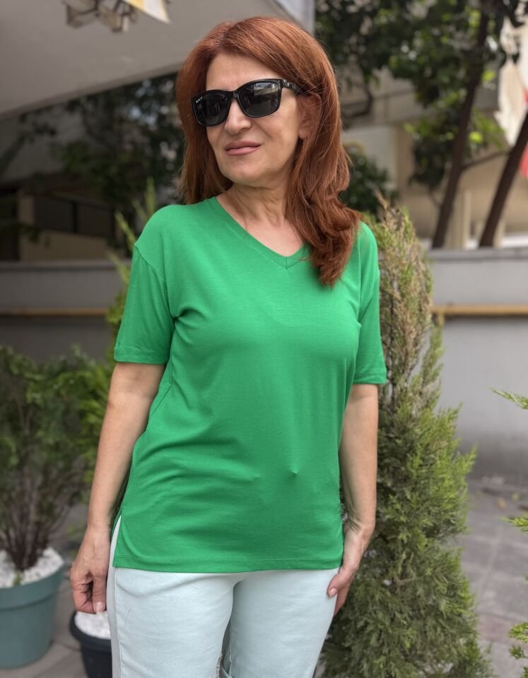 Viskon V Yaka Tişört Yeşil