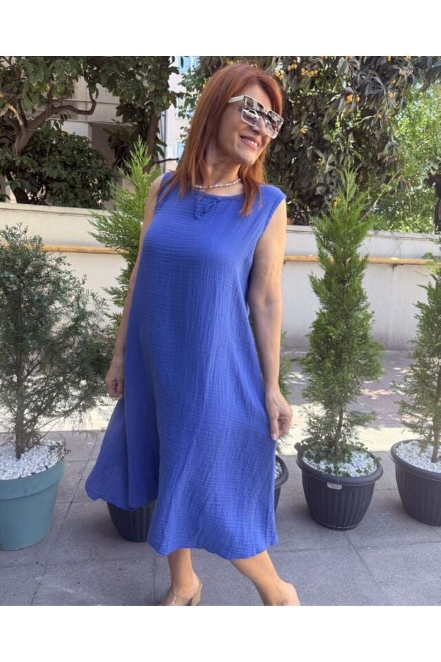 Müslin Kalın Askılı Elbise Saks Mavi