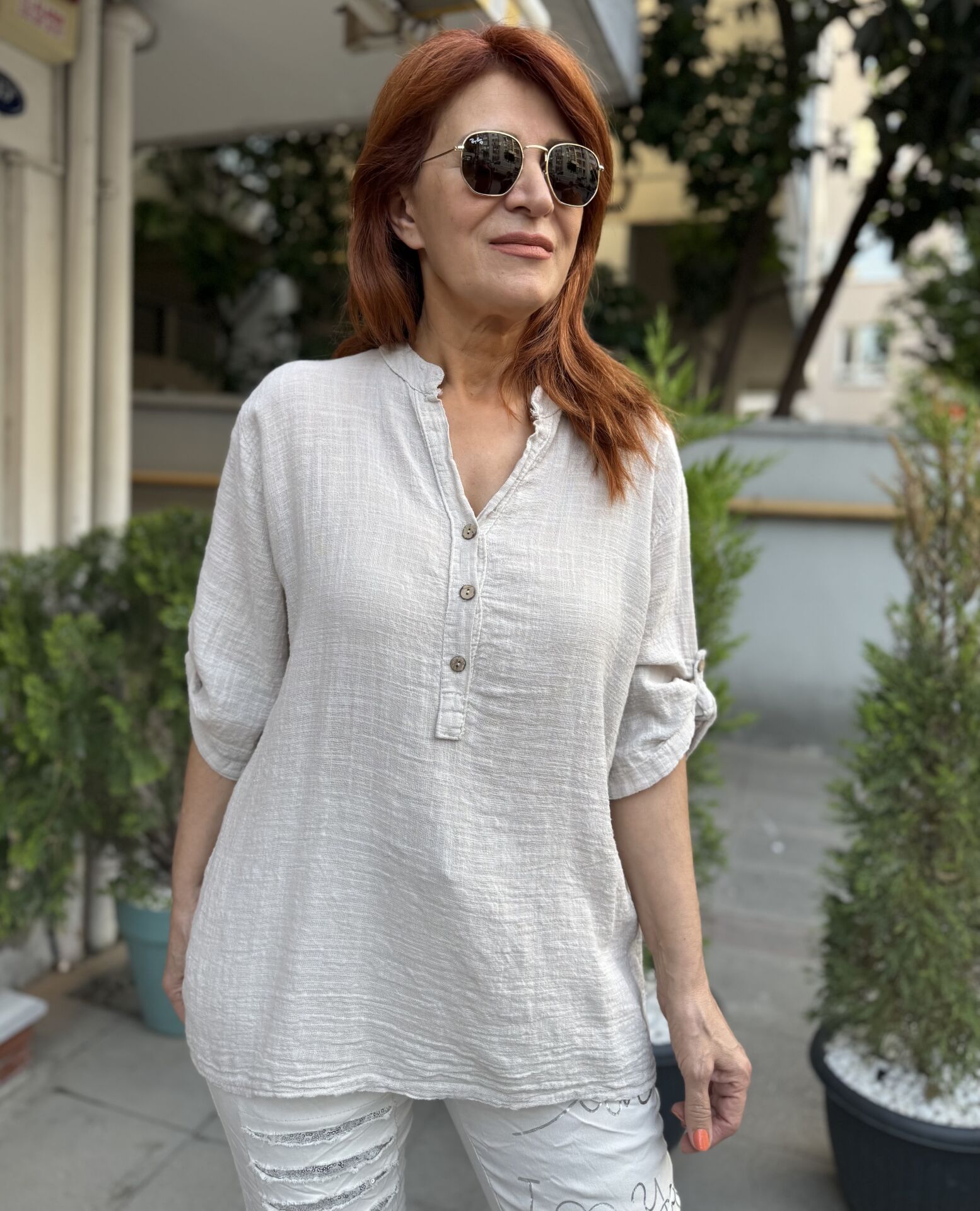 İtalyan Pamuk Keten Gömlek Bej