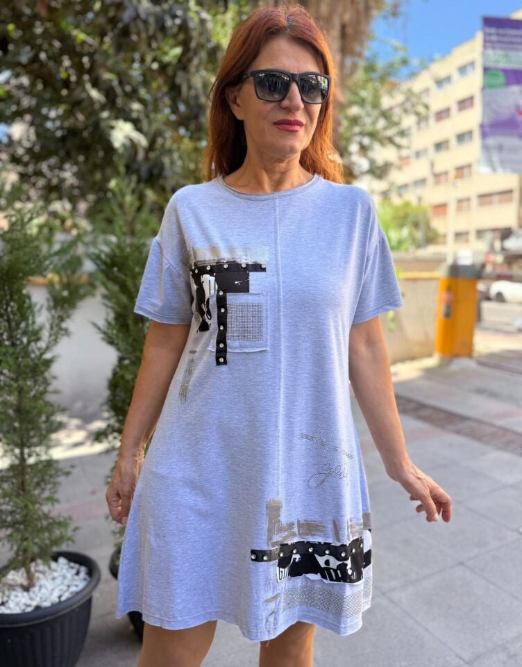 Taş Detay Tunik Grey Siyah