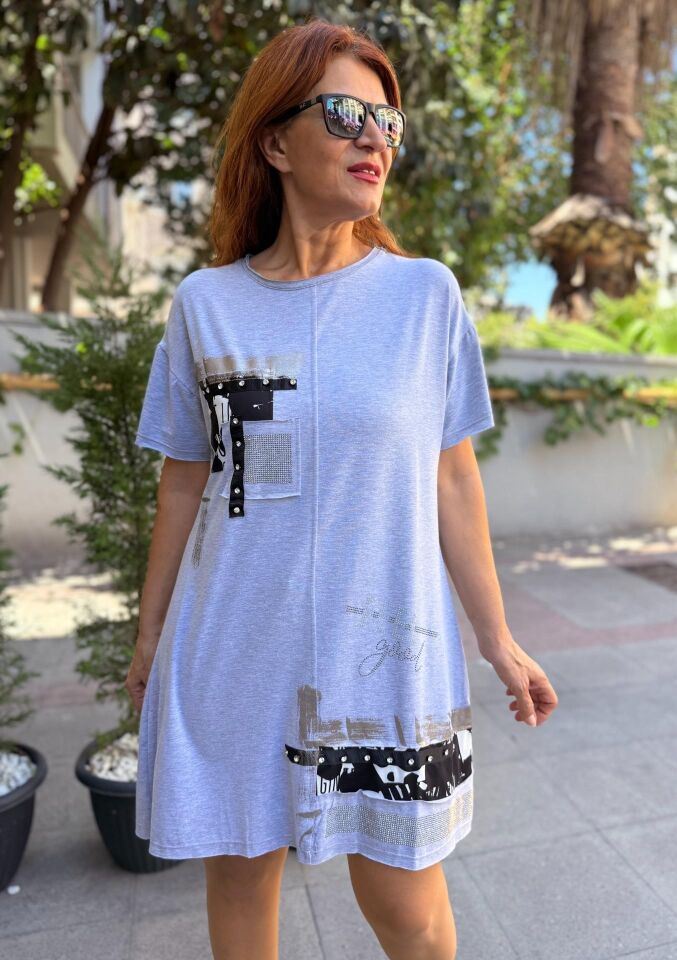 Taş Detay Tunik Grey Siyah