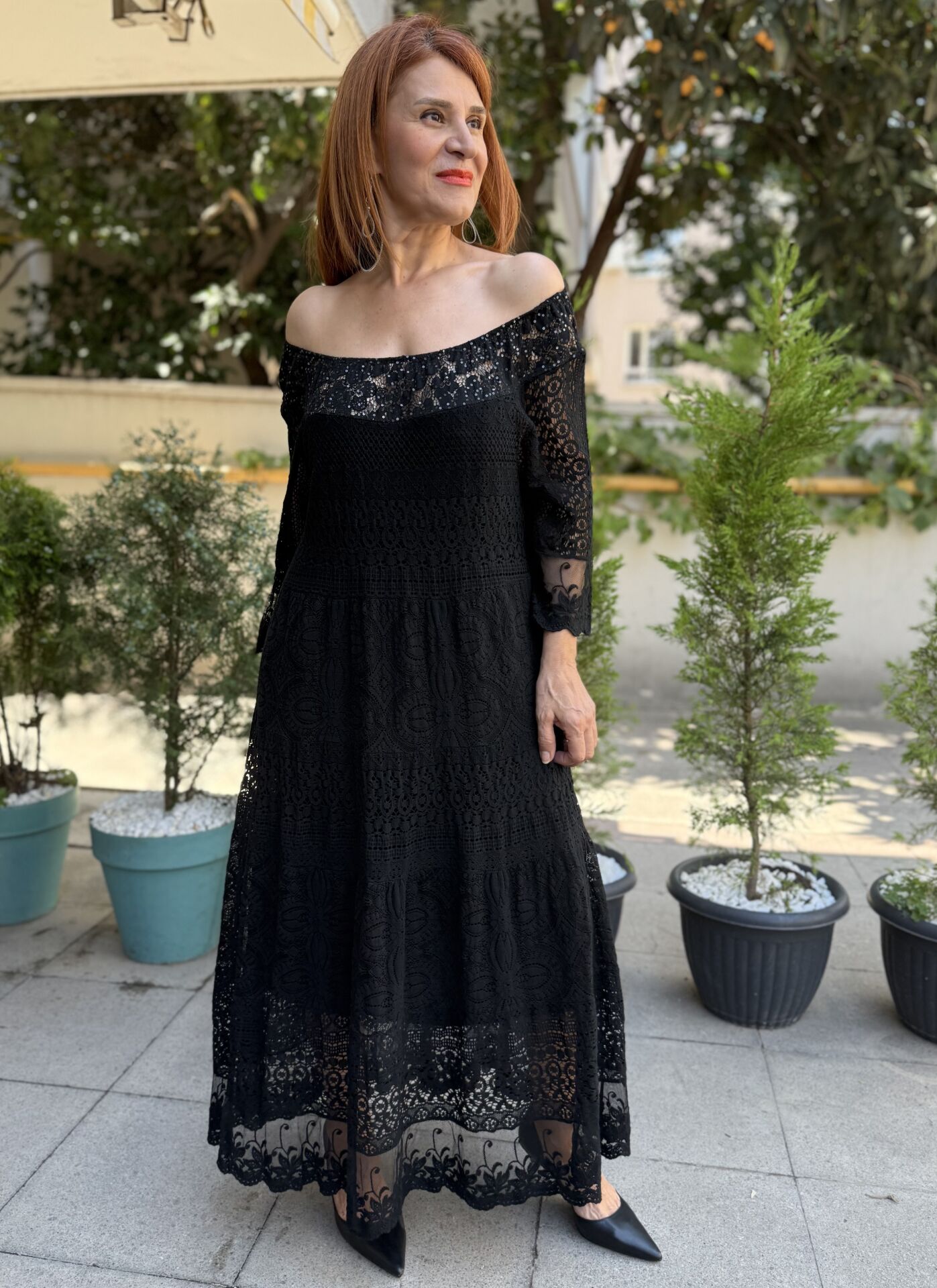İtalyan Pul Detaylı Güpür Elbise Siyah
