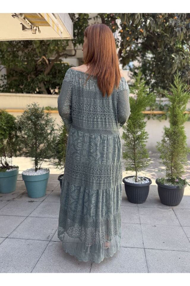 İtalyan Pul Detaylı Güpür Elbise Haki