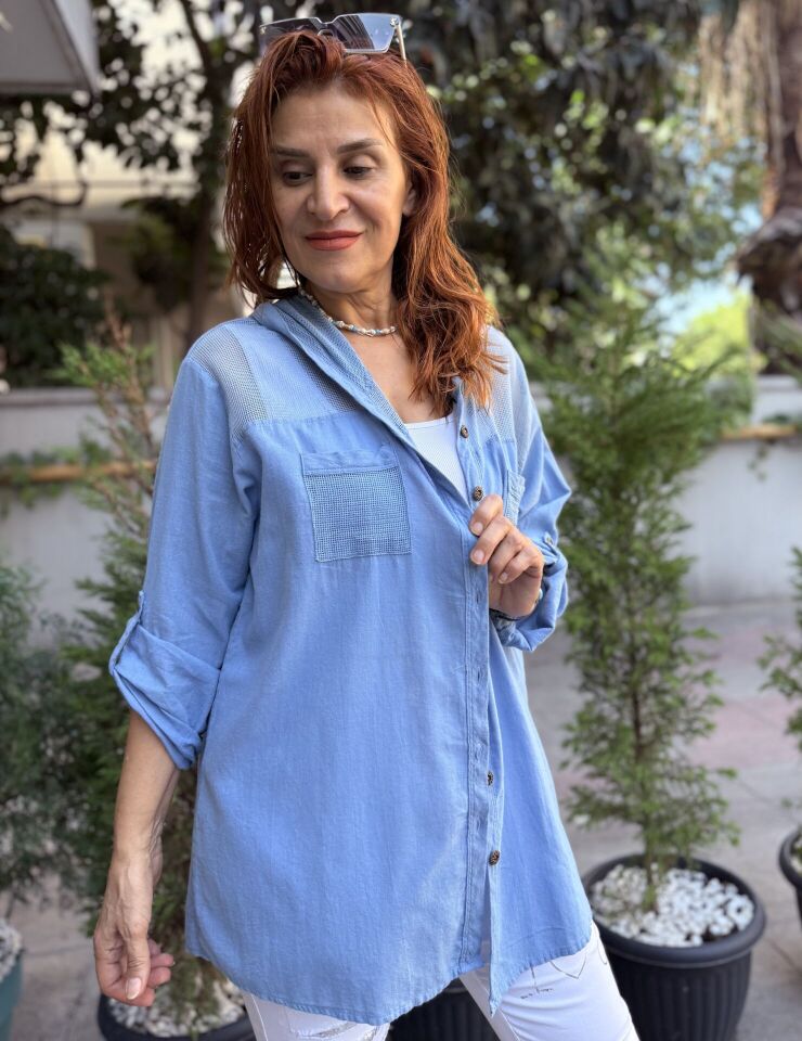 Fileli Kapüşonlu Gömlek/Ceket İndigo Mavi