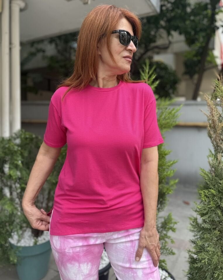 35D- Viskon Yuvarlak Yaka Tişört Fuşya