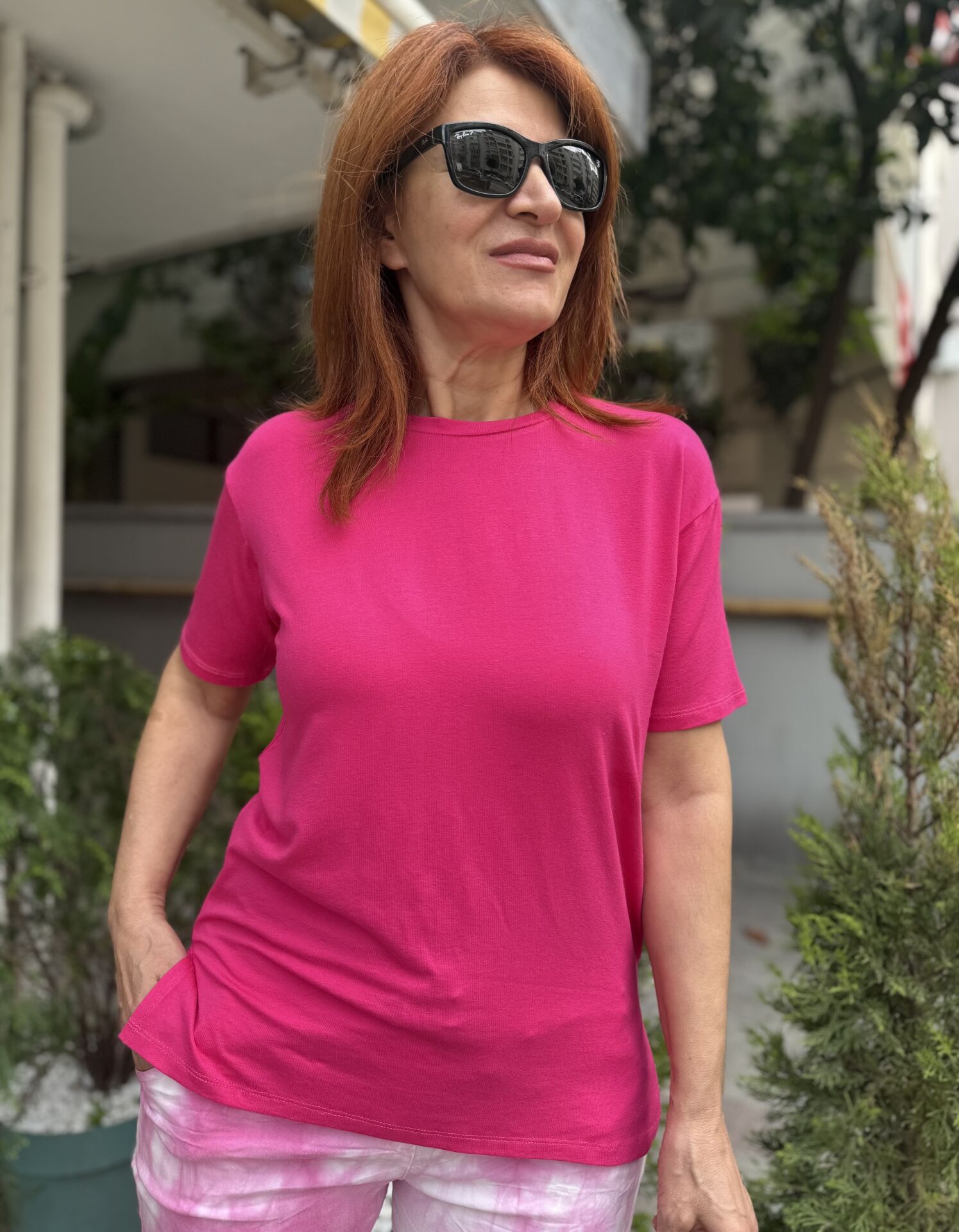 35D- Viskon Yuvarlak Yaka Tişört Fuşya