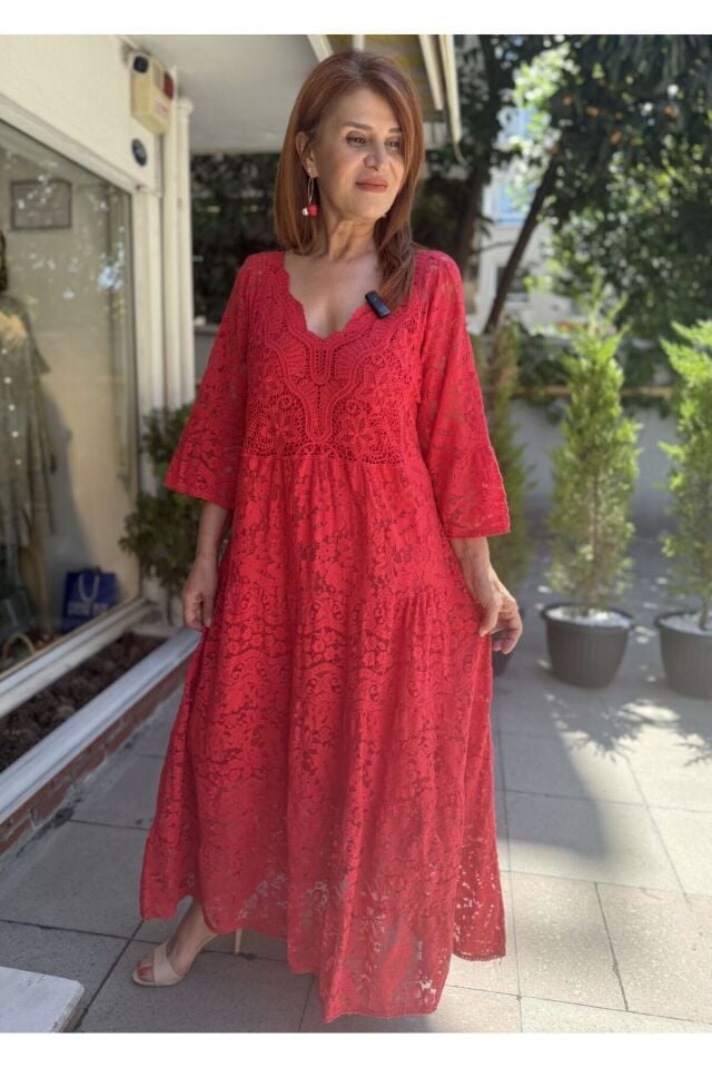 İtalyan Damla Yaka Elbise Kırmızı