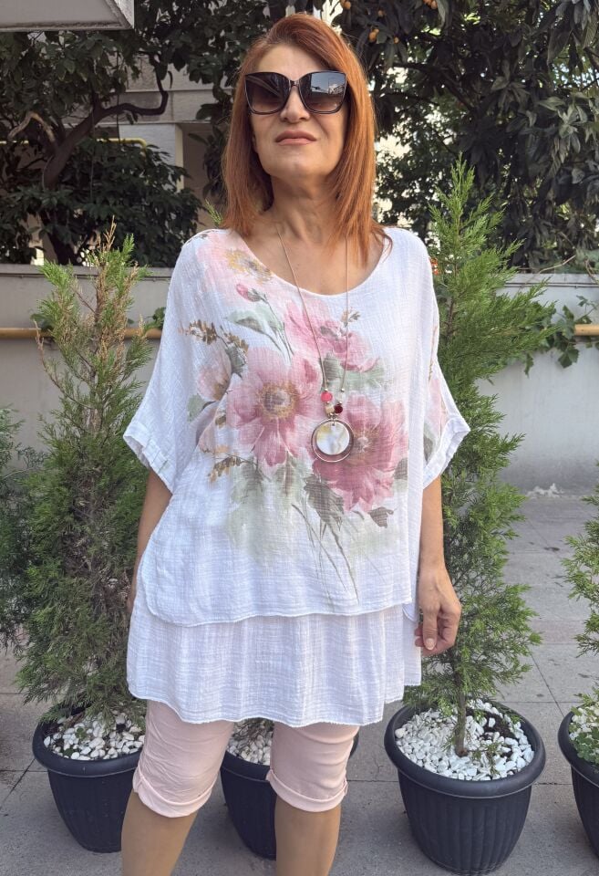 Clara Çiçekli Kolyeli Bluz Beyaz