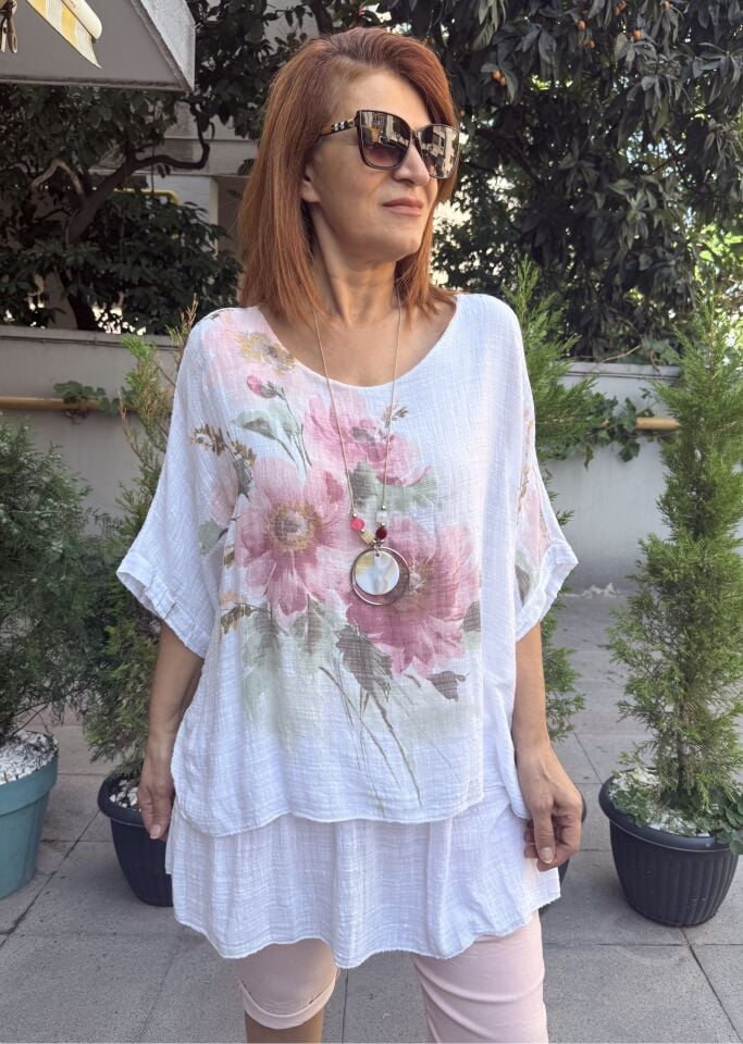 Clara Çiçekli Kolyeli Bluz Beyaz