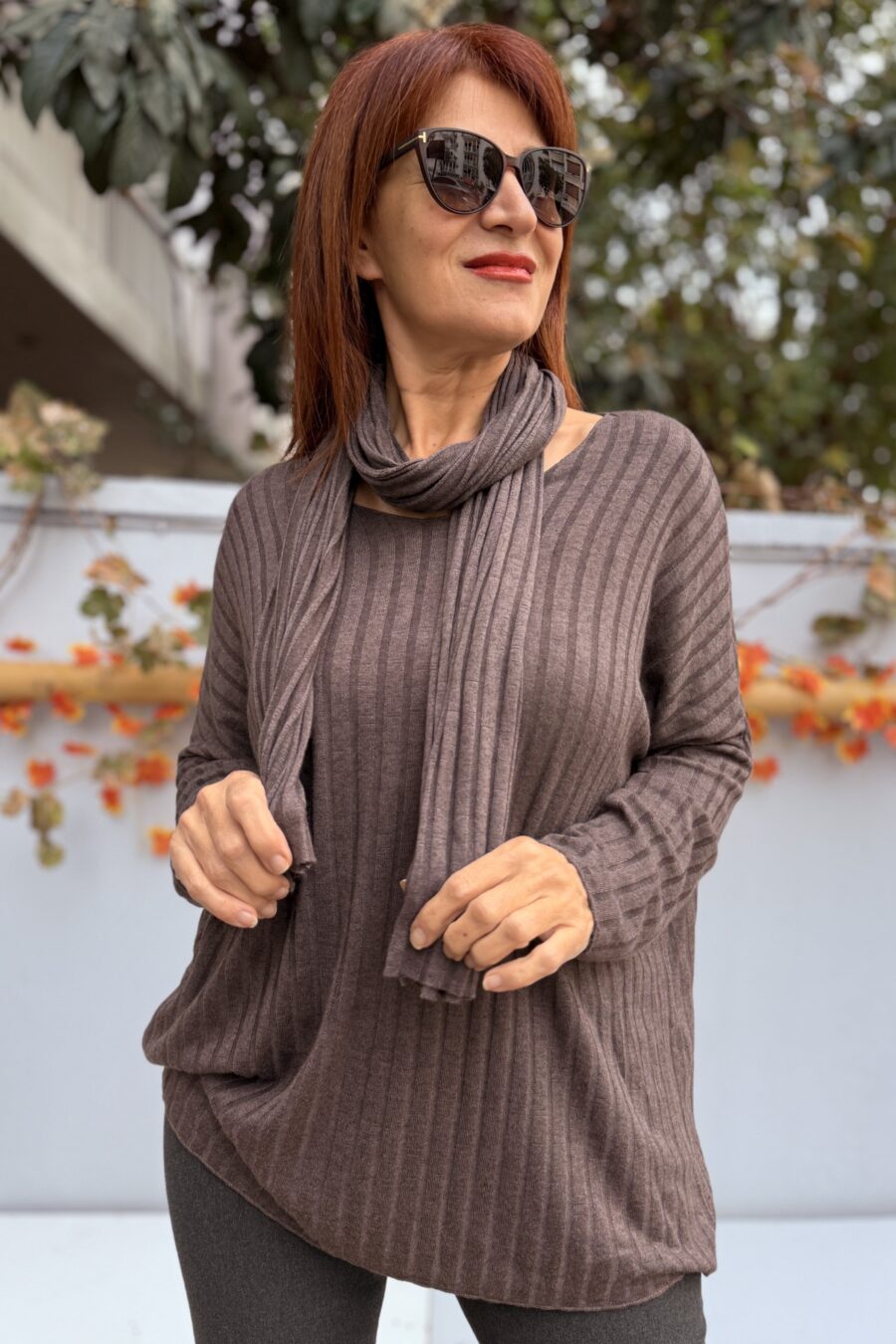 Fularlı Fitilli Triko Kahverengi