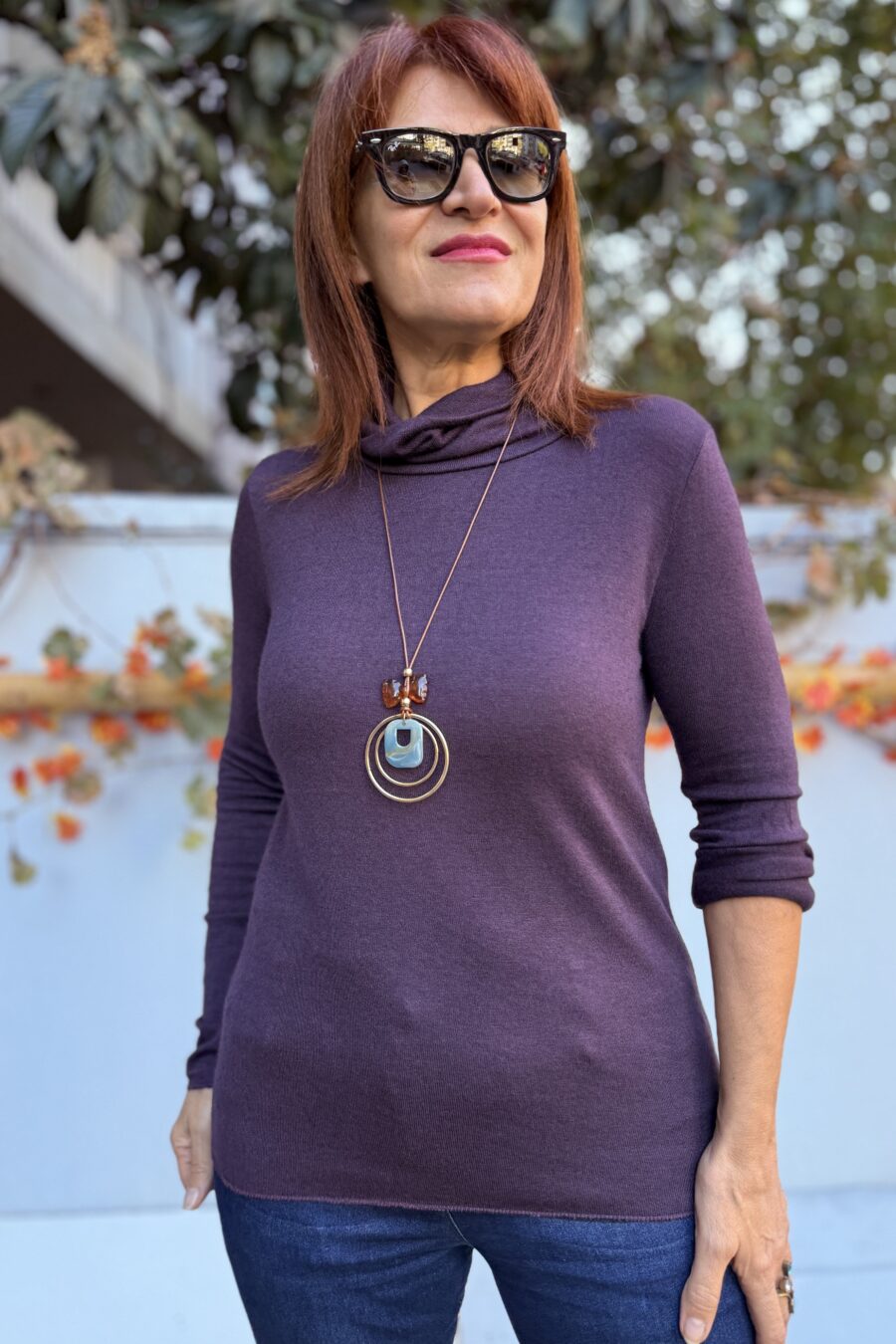 İtalyan Degaje Yaka Kolyeli Triko Mürdüm