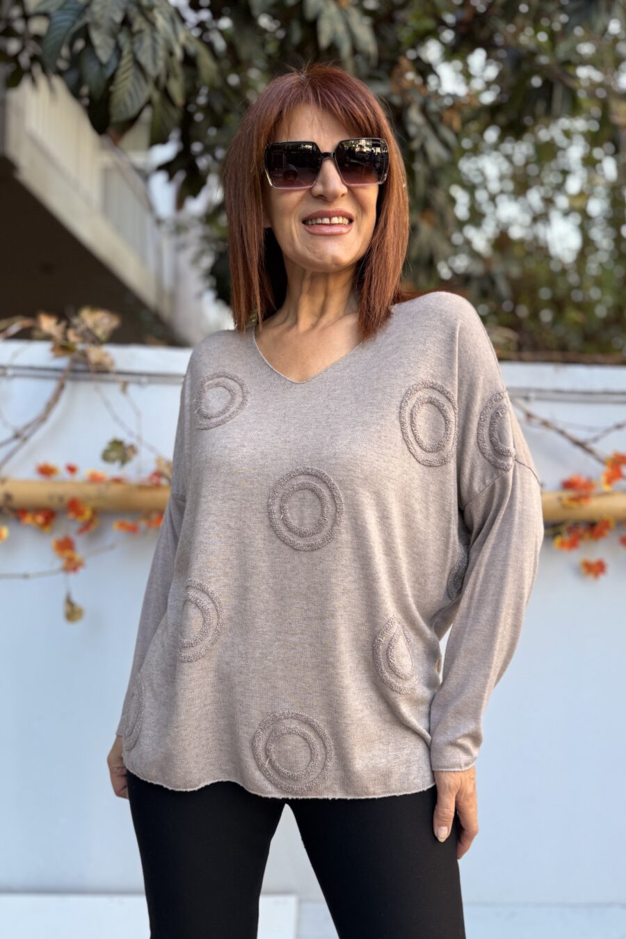 Kadın Halka Motif Kabartma Angora Karışımlı V Yaka Triko Sütlü Kahve