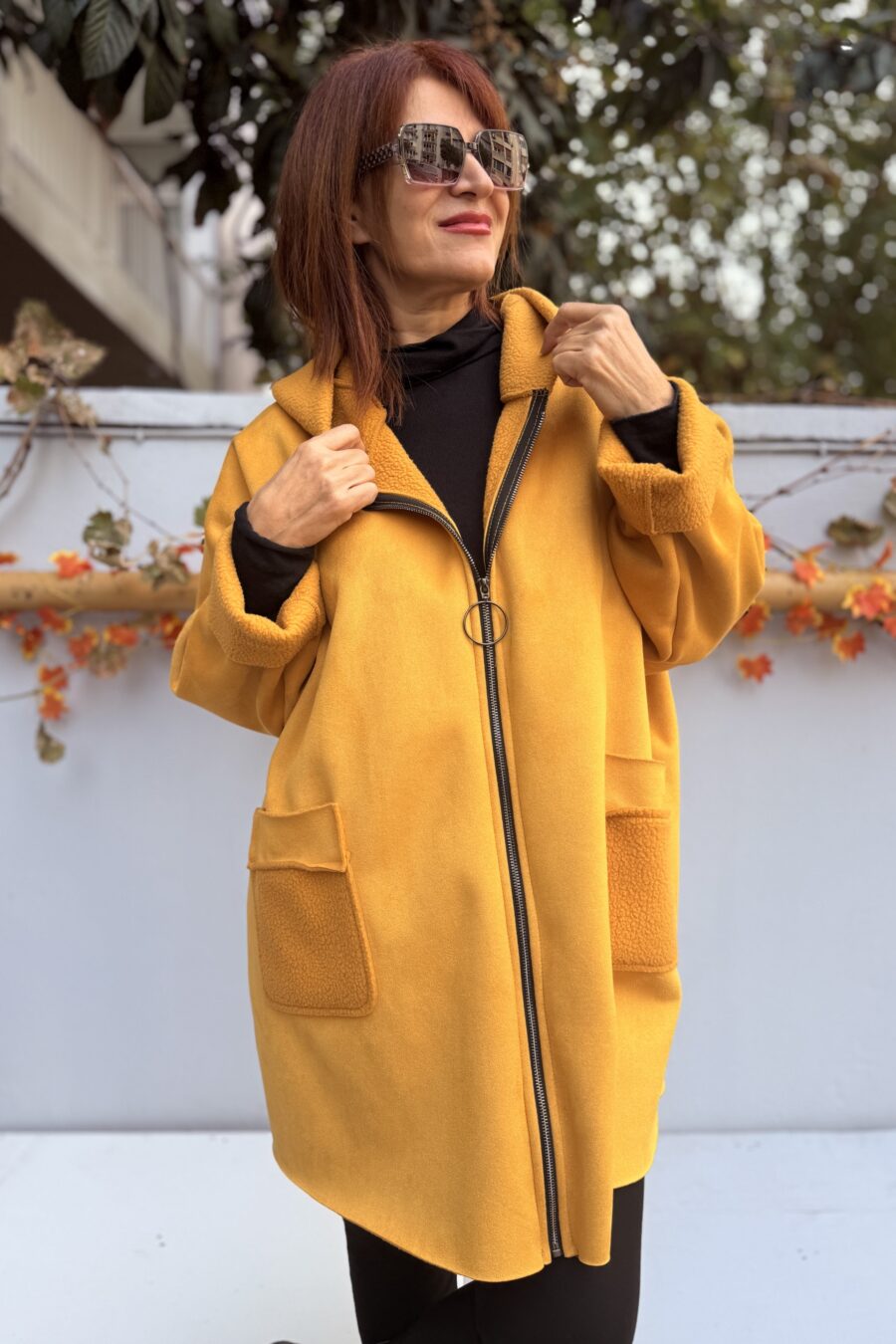 Kadın İtalyan Kapüşonlu Nubuk Kaban Hardal