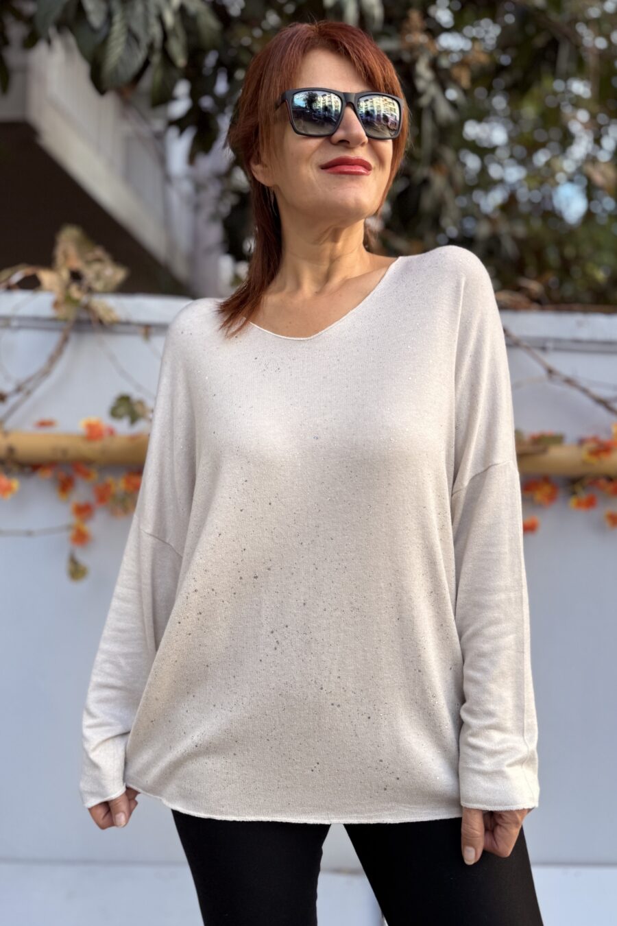 Yumuşak Dokulu Simli Triko Bej