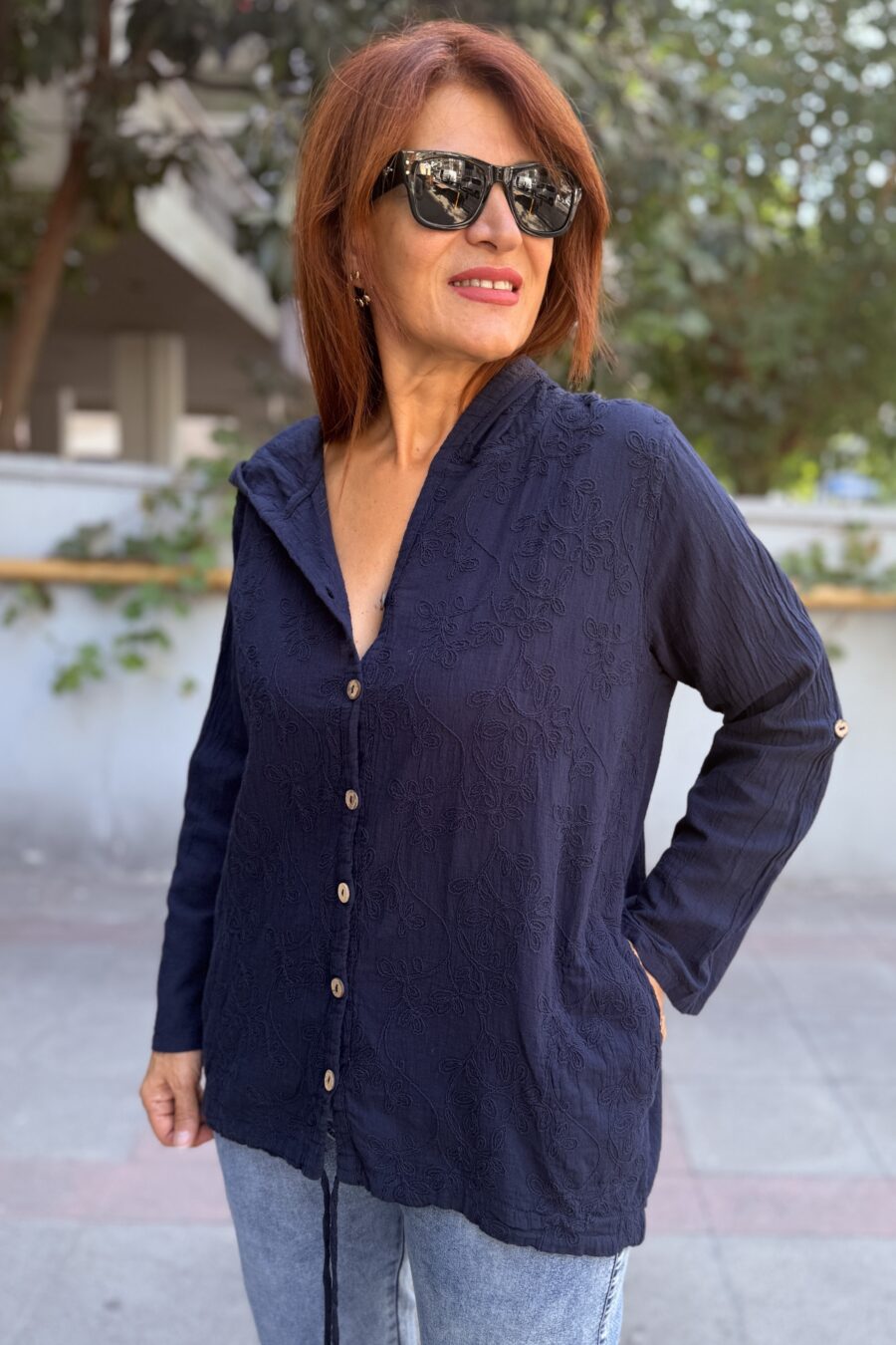 Brode Desen Gömlek Kapüşonlu Lacivert