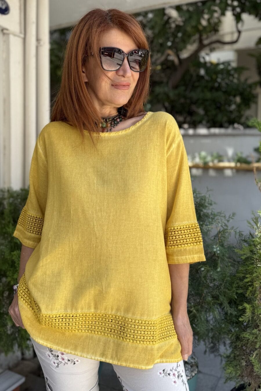 Güpür Detaylı Pamuk Bluz Sarı