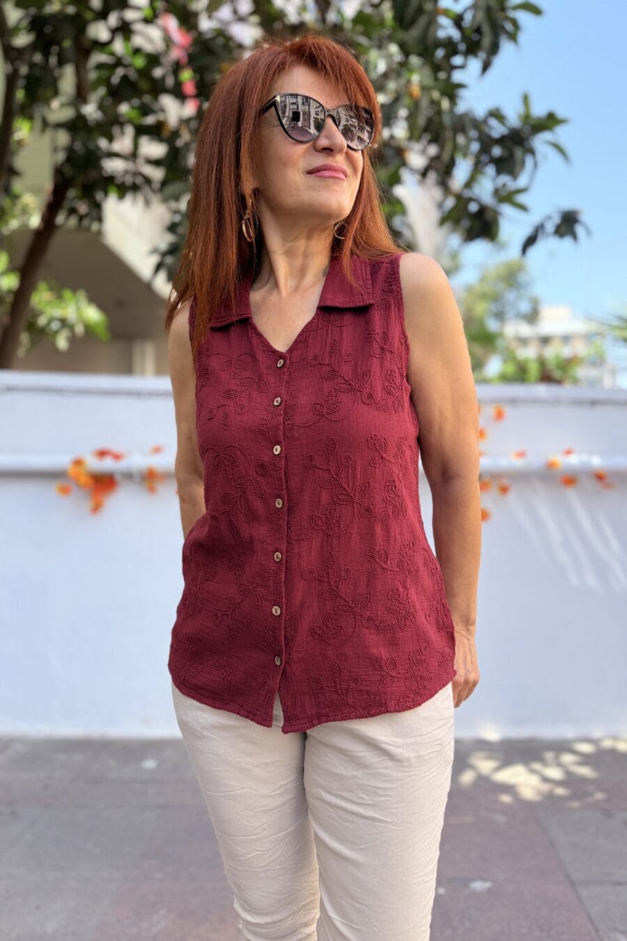 Füsun Otantik Bluz Kolsuz Gömlek Bordo