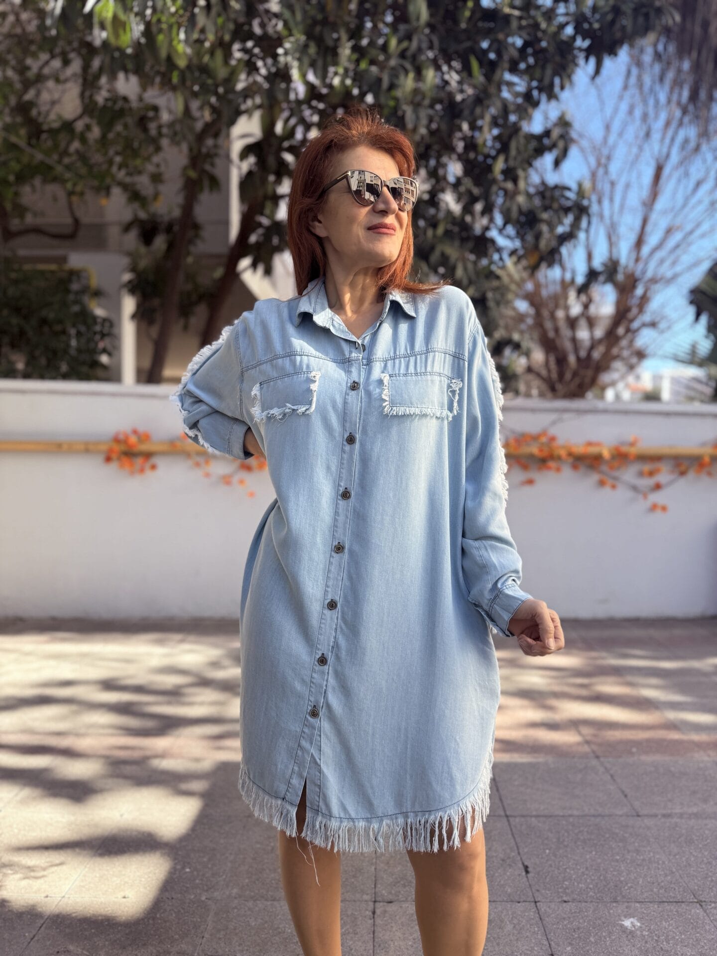 Liyosel Püsküllü Denim Elbise Buz Mavi - Görsel 5