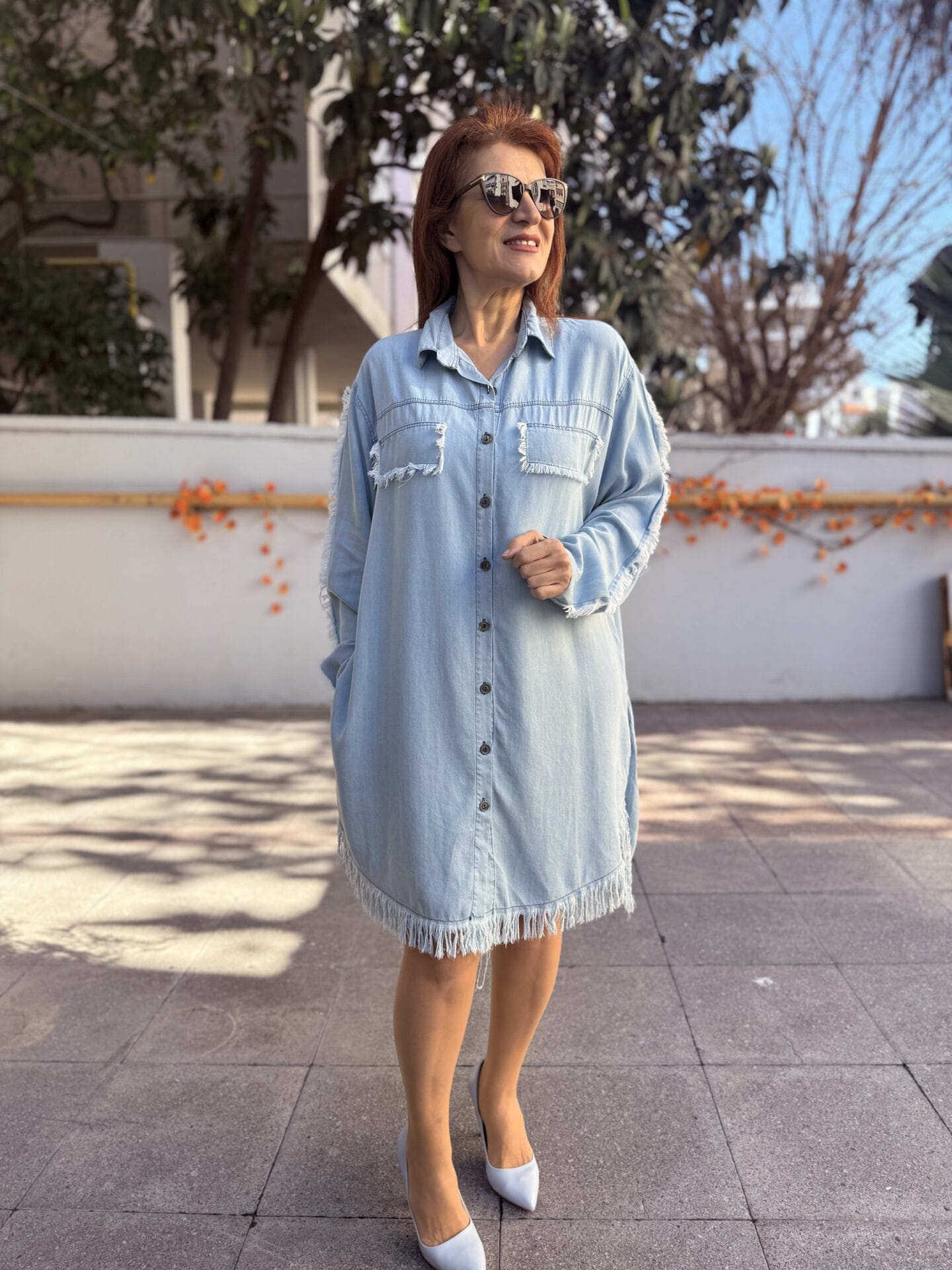Liyosel Püsküllü Denim Elbise Buz Mavi - Görsel 3